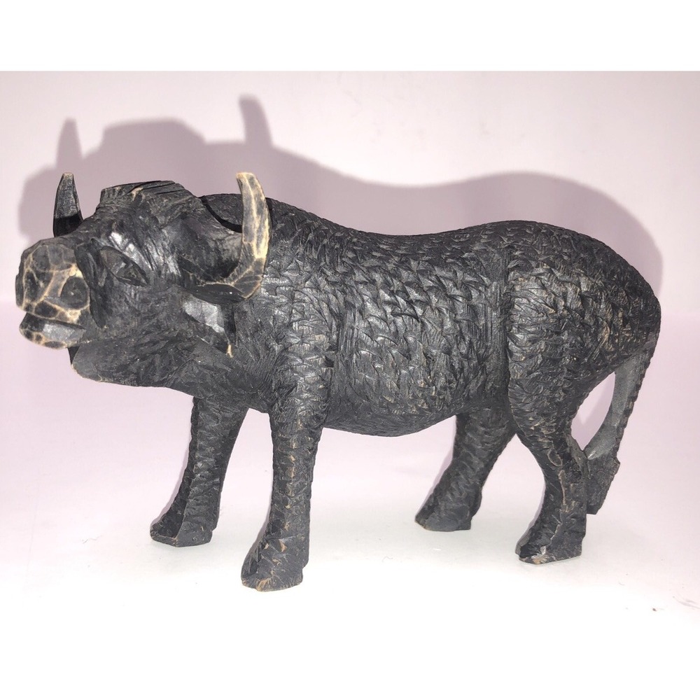 Hand Carved Water Buffalo Wood Wooden Sculpture Folk Art Hand Tooled 7x5"‎